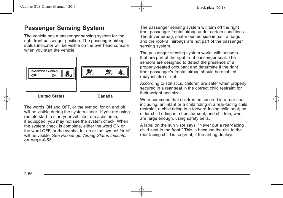 Passenger sensing system, Passenger sensing system -66 | Cadillac 2011 STS User Manual | Page 98 / 528