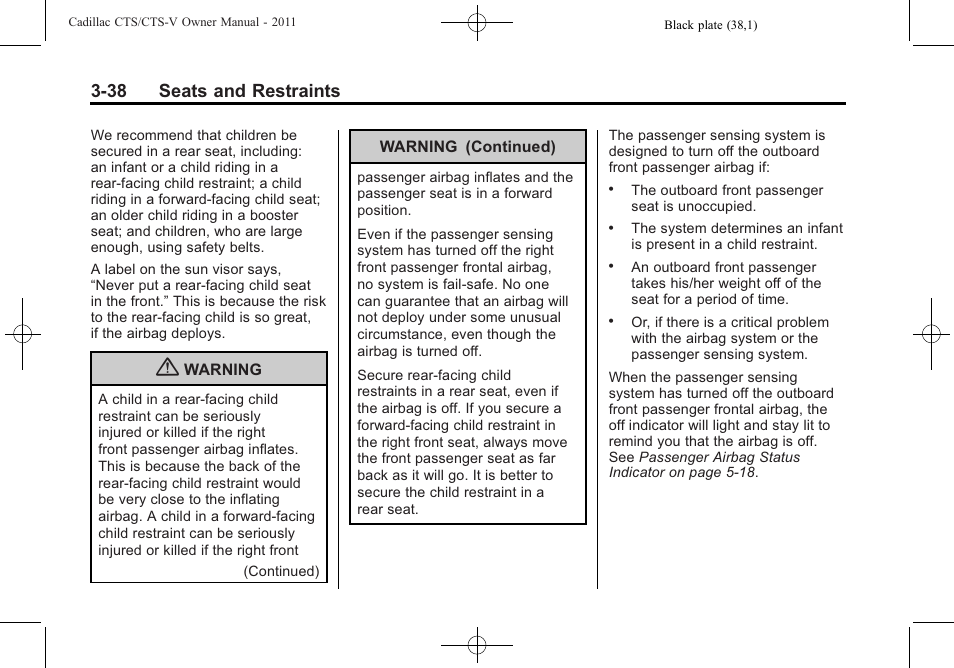 38 seats and restraints | Cadillac 2011 CTS-V Sports Sedan User Manual | Page 108 / 492