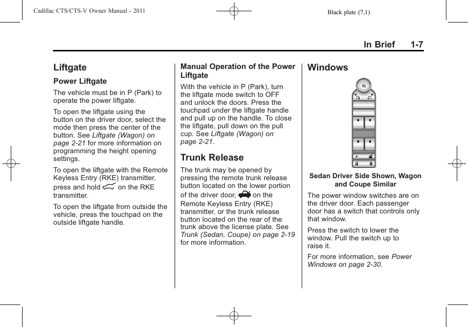 Liftgate, Trunk release, Windows | Liftgate -7 trunk release -7 windows -7, Portable | Cadillac 2011 CTS-V Sports Sedan User Manual | Page 13 / 492