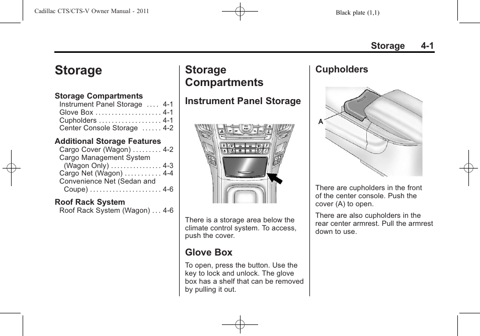 Storage, Storage compartments, Instrument panel storage | Glove box, Cupholders, Storage -1, Storage compartments -1, Climate | Cadillac 2011 CTS-V Sports Sedan User Manual | Page 135 / 492