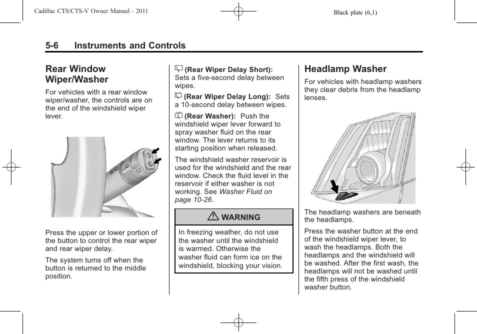 Rear window wiper/washer, Headlamp washer, Rear window wiper | Washer -6, Headlamp washer -6 | Cadillac 2011 CTS-V Sports Sedan User Manual | Page 148 / 492