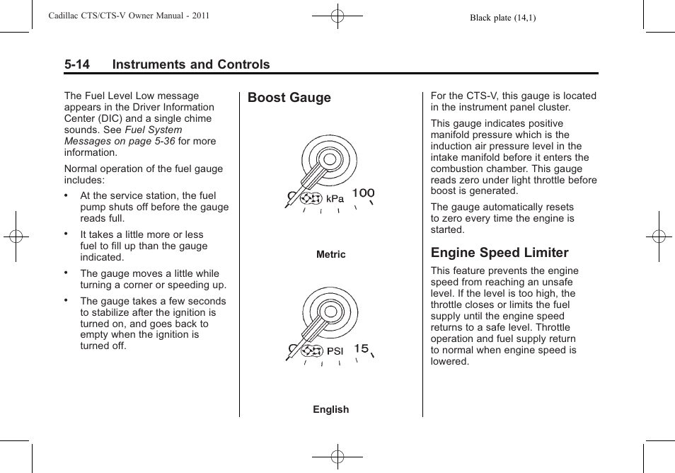 Boost gauge, Engine speed limiter, Boost gauge -14 engine speed limiter -14 | 14 instruments and controls | Cadillac 2011 CTS-V Sports Sedan User Manual | Page 156 / 492