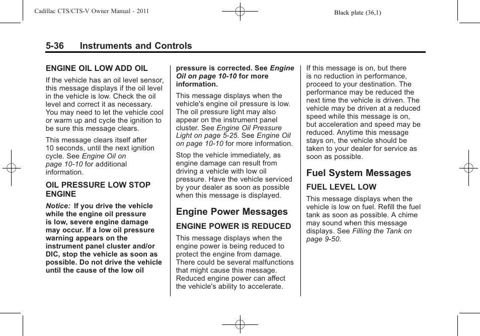 Engine power messages, Fuel system messages, Engine power messages -36 fuel system messages -36 | Cadillac 2011 CTS-V Sports Sedan User Manual | Page 178 / 492