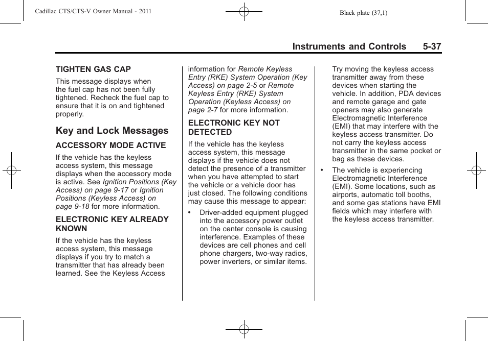 Key and lock messages, Key and lock messages -37, Instruments and controls 5-37 | Cadillac 2011 CTS-V Sports Sedan User Manual | Page 179 / 492