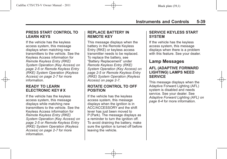 Lamp messages, Lamp messages -39 | Cadillac 2011 CTS-V Sports Sedan User Manual | Page 181 / 492