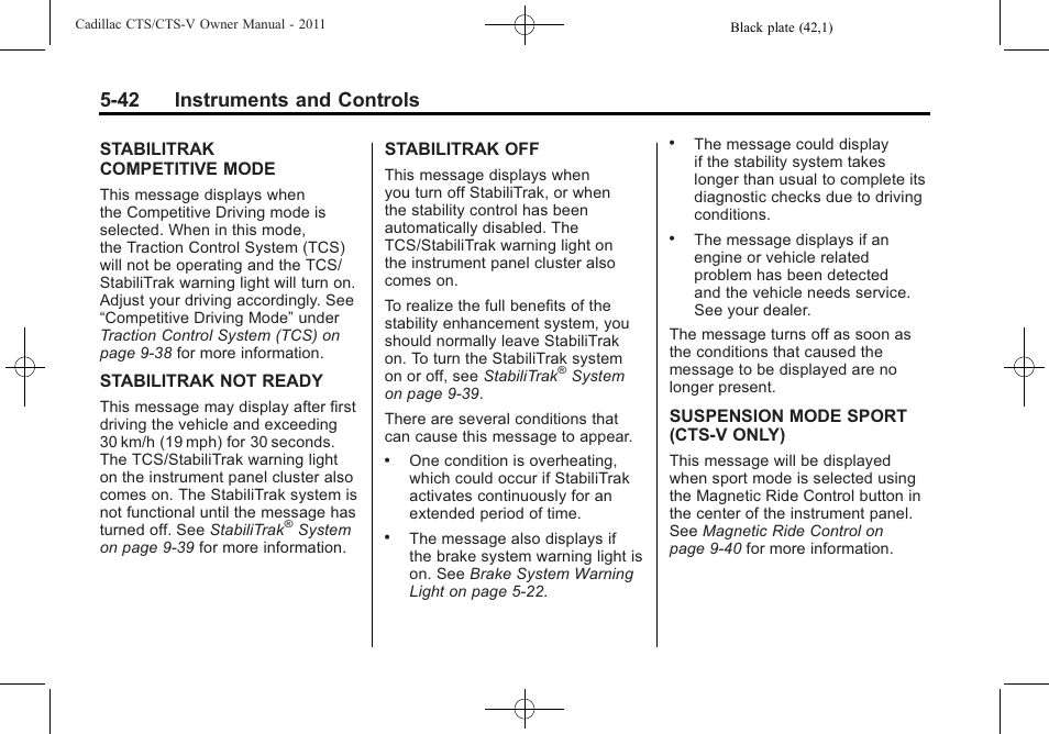 42 instruments and controls | Cadillac 2011 CTS-V Sports Sedan User Manual | Page 184 / 492