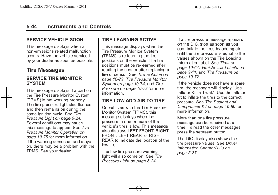 Tire messages, Tire messages -44, Steering | Cadillac 2011 CTS-V Sports Sedan User Manual | Page 186 / 492