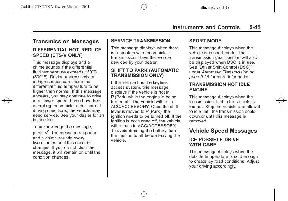 Transmission messages, Vehicle speed messages, Adjustment | Cadillac 2011 CTS-V Sports Sedan User Manual | Page 187 / 492