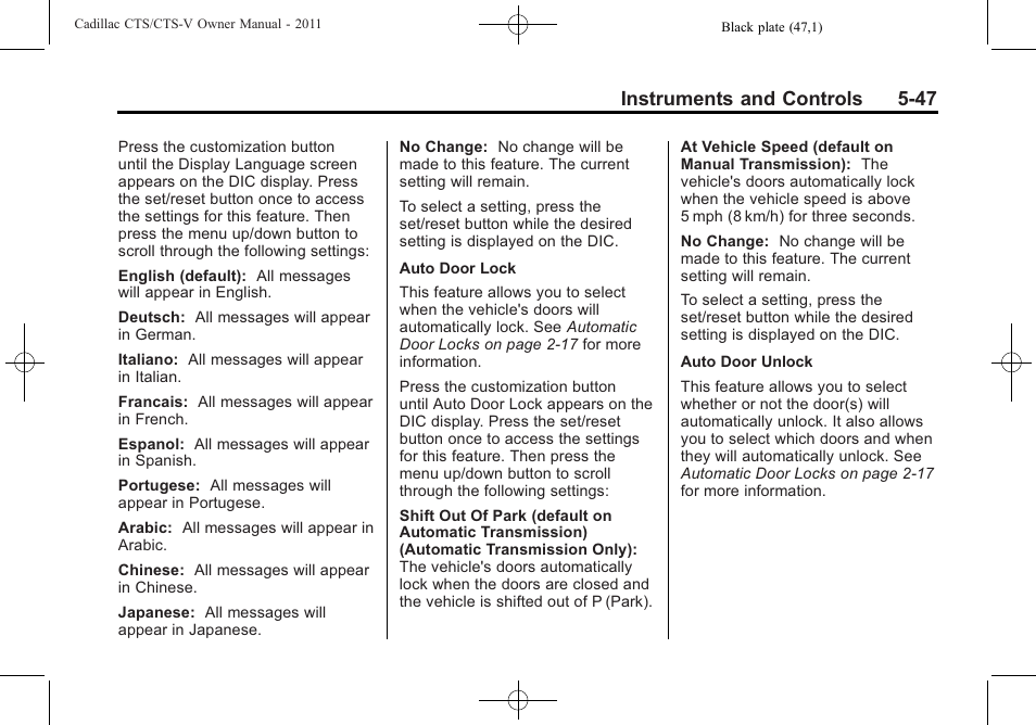 Instruments and controls 5-47 | Cadillac 2011 CTS-V Sports Sedan User Manual | Page 189 / 492