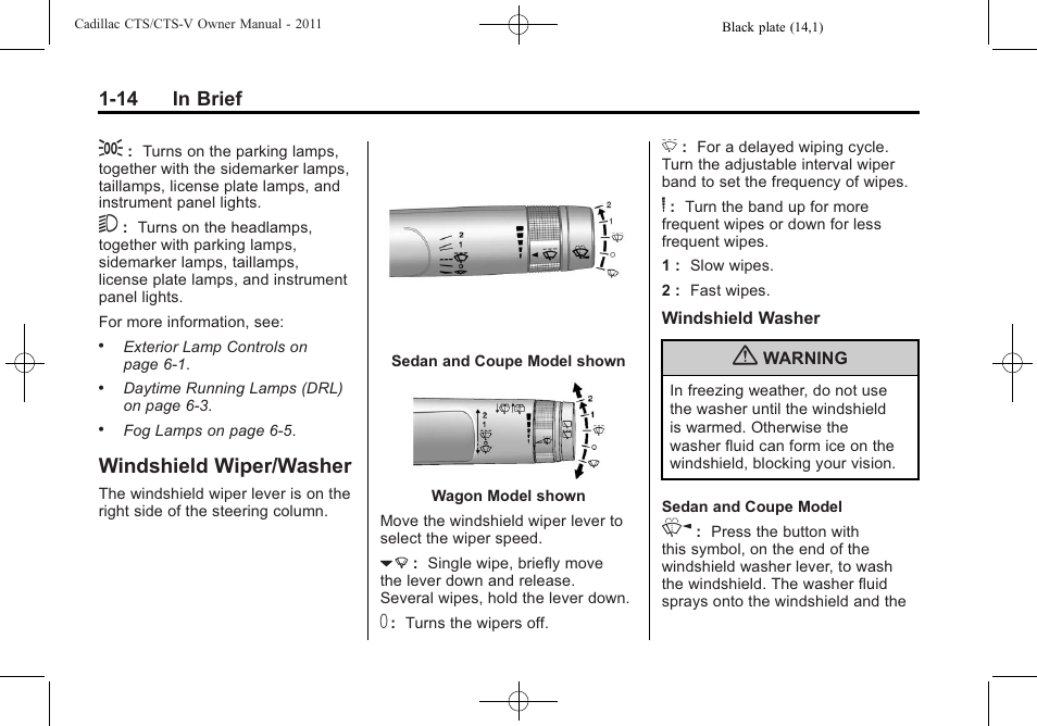 Windshield wiper/washer, Windshield wiper/washer -14 | Cadillac 2011 CTS-V Sports Sedan User Manual | Page 20 / 492