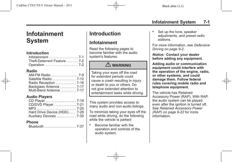 Infotainment system, Introduction, Infotainment | Infotainment system -1, Introduction -1 | Cadillac 2011 CTS-V Sports Sedan User Manual | Page 209 / 492