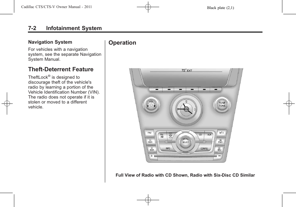 Theft-deterrent feature, Operation, Theft-deterrent feature -2 operation -2 | Warning | Cadillac 2011 CTS-V Sports Sedan User Manual | Page 210 / 492