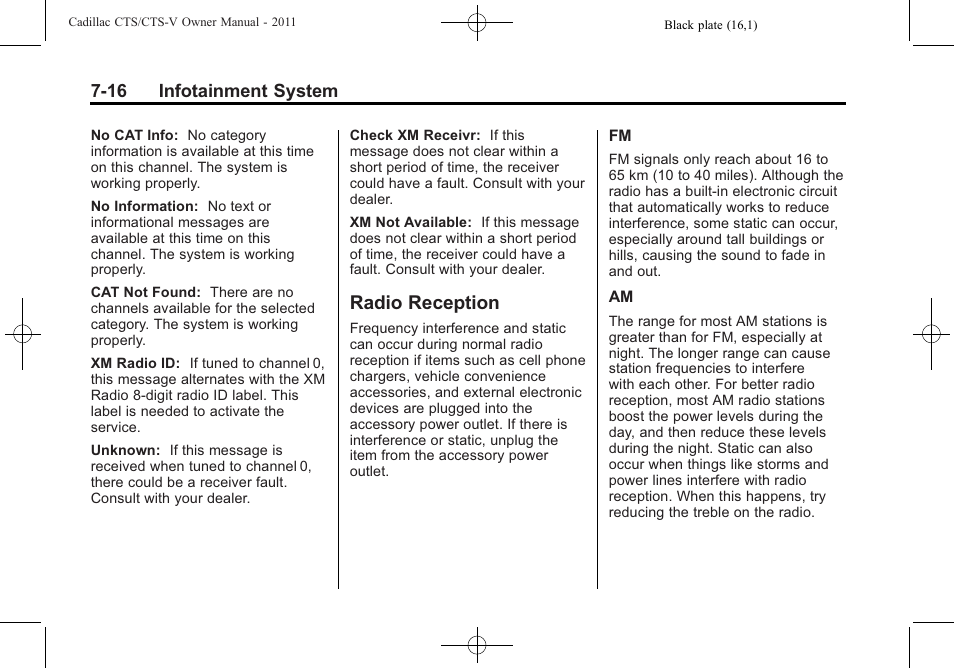 Radio reception, Radio reception -16 | Cadillac 2011 CTS-V Sports Sedan User Manual | Page 224 / 492