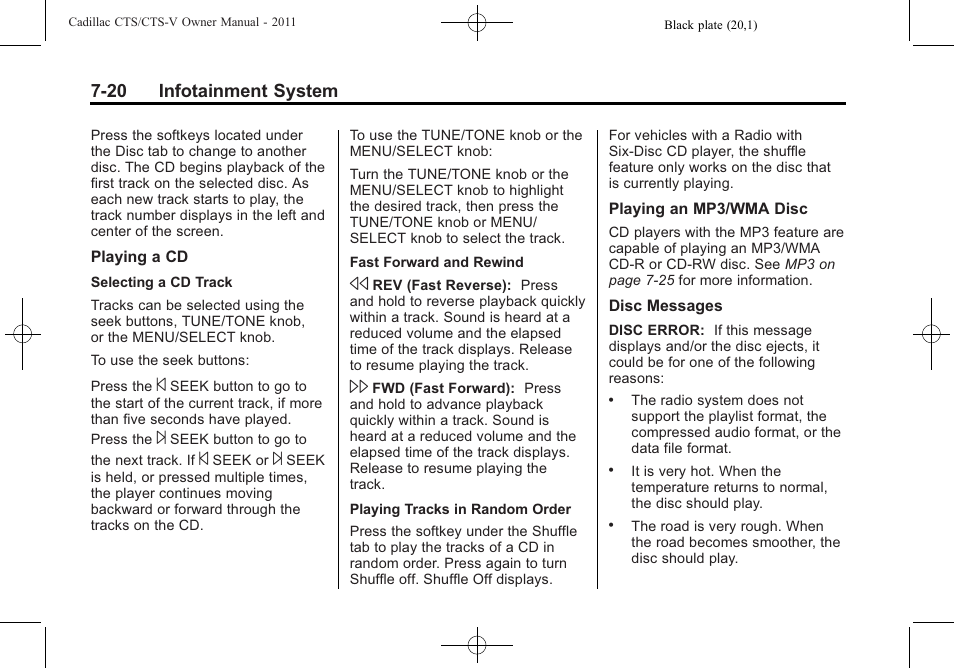 20 infotainment system | Cadillac 2011 CTS-V Sports Sedan User Manual | Page 228 / 492