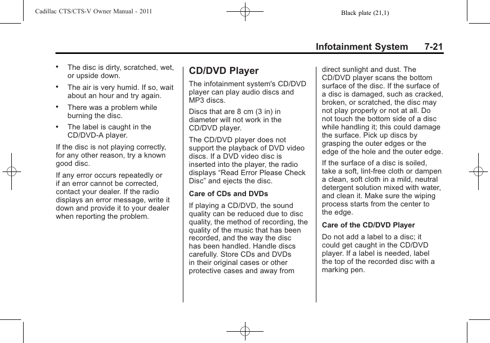 Cd/dvd player, Cd/dvd player -21, Infotainment system 7-21 | Cadillac 2011 CTS-V Sports Sedan User Manual | Page 229 / 492