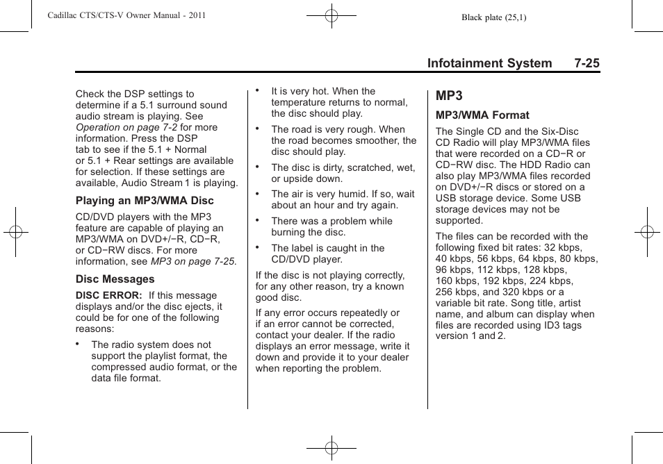 Mp3 -25, Infotainment system 7-25 | Cadillac 2011 CTS-V Sports Sedan User Manual | Page 233 / 492