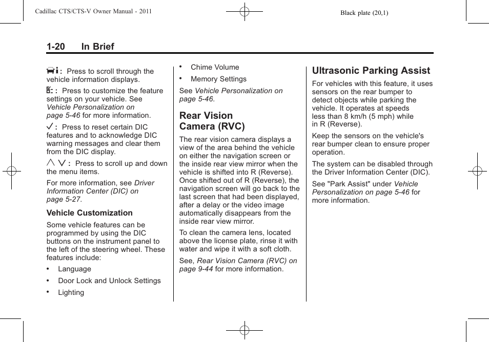 Rear vision camera (rvc), Ultrasonic parking assist, Rear vision | Camera (rvc) -20, Parking assist -20, 20 in brief | Cadillac 2011 CTS-V Sports Sedan User Manual | Page 26 / 492