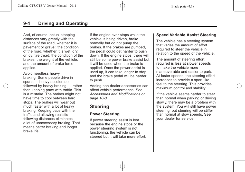 Steering, Steering -4, Engine | Cadillac 2011 CTS-V Sports Sedan User Manual | Page 266 / 492