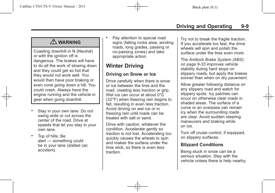 Winter driving, Winter driving -9, Manual | Driving and operating 9-9 | Cadillac 2011 CTS-V Sports Sedan User Manual | Page 271 / 492