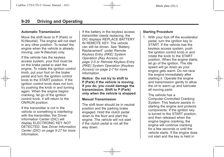 20 driving and operating | Cadillac 2011 CTS-V Sports Sedan User Manual | Page 282 / 492