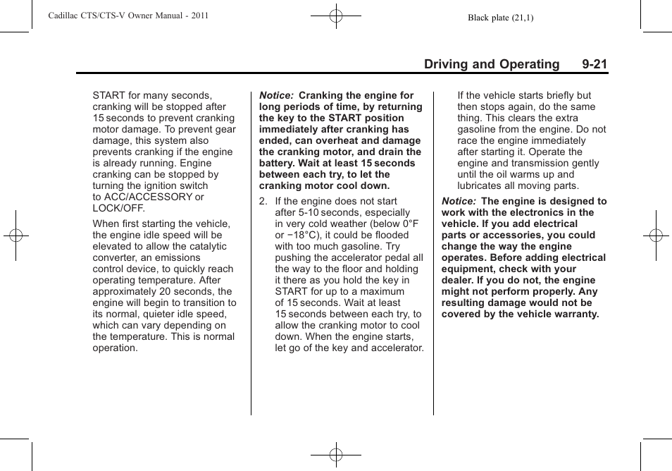 Driving and operating 9-21 | Cadillac 2011 CTS-V Sports Sedan User Manual | Page 283 / 492