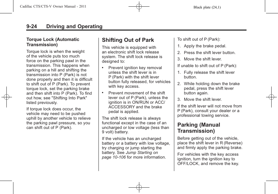 Shifting out of park, Parking (manual transmission), Shifting out of park -24 parking (manual | Transmission) -24, 24 driving and operating | Cadillac 2011 CTS-V Sports Sedan User Manual | Page 286 / 492