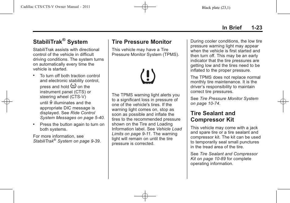 Stabilitrak® system, Tire pressure monitor, Tire sealant and compressor kit | Stabilitrak, System -23, Ire pressure monitor -23 tire sealant and, Compressor kit -23, System | Cadillac 2011 CTS-V Sports Sedan User Manual | Page 29 / 492