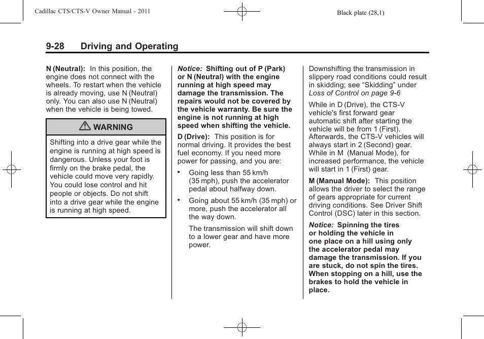 28 driving and operating | Cadillac 2011 CTS-V Sports Sedan User Manual | Page 290 / 492