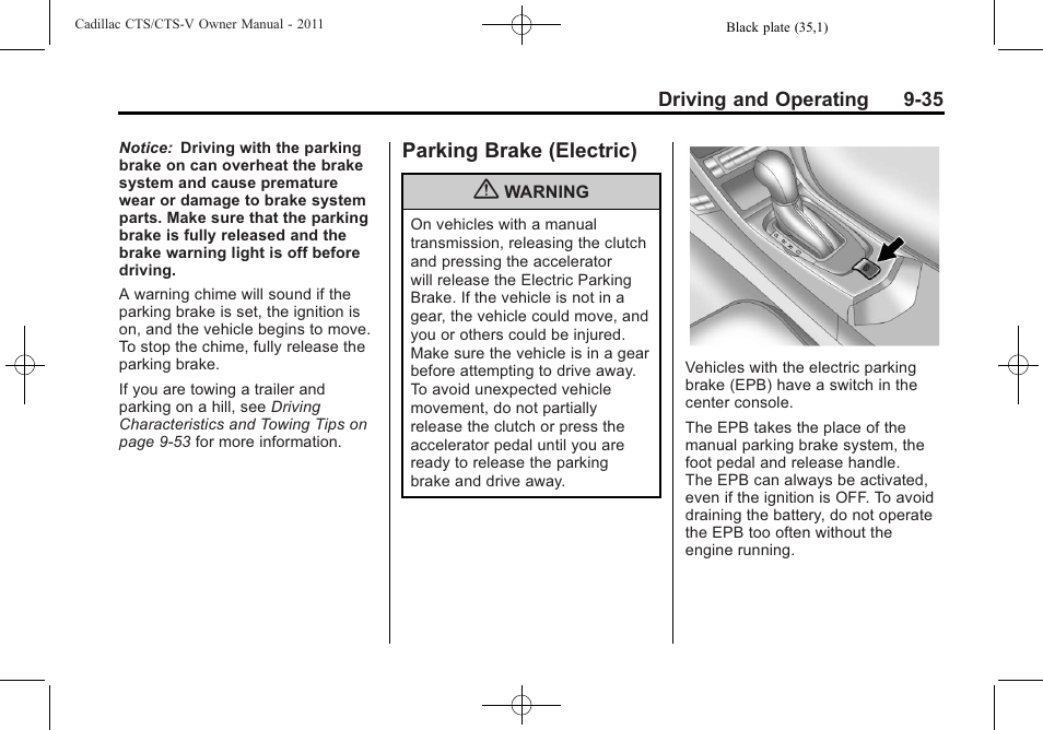 Parking brake (electric), Brake (electric) -35 | Cadillac 2011 CTS-V Sports Sedan User Manual | Page 297 / 492