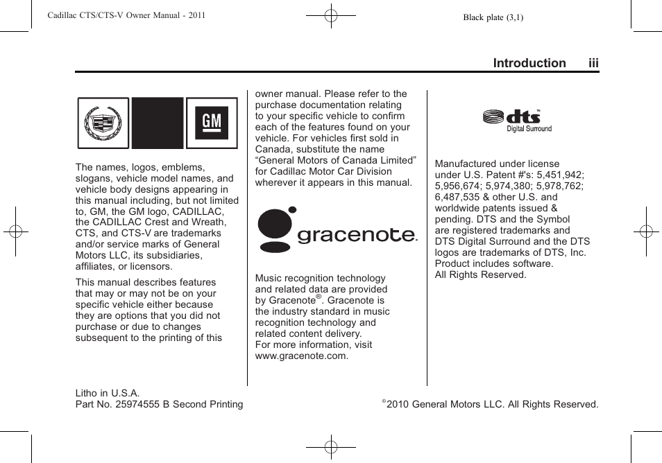 Introduction, Introduction iii | Cadillac 2011 CTS-V Sports Sedan User Manual | Page 3 / 492