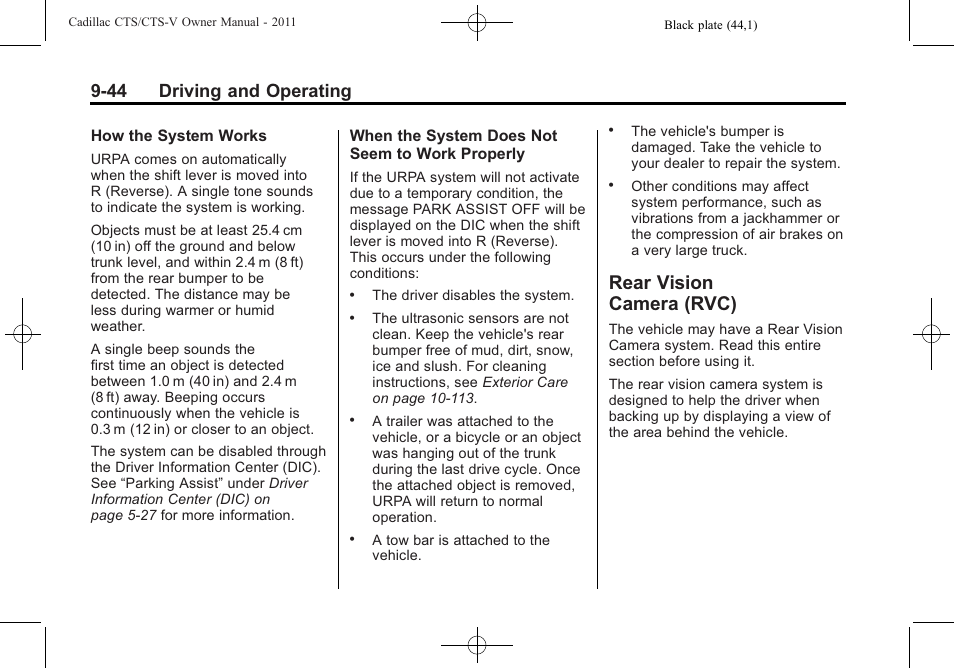 Rear vision camera (rvc), Vision, Camera (rvc) -44 | 44 driving and operating | Cadillac 2011 CTS-V Sports Sedan User Manual | Page 306 / 492