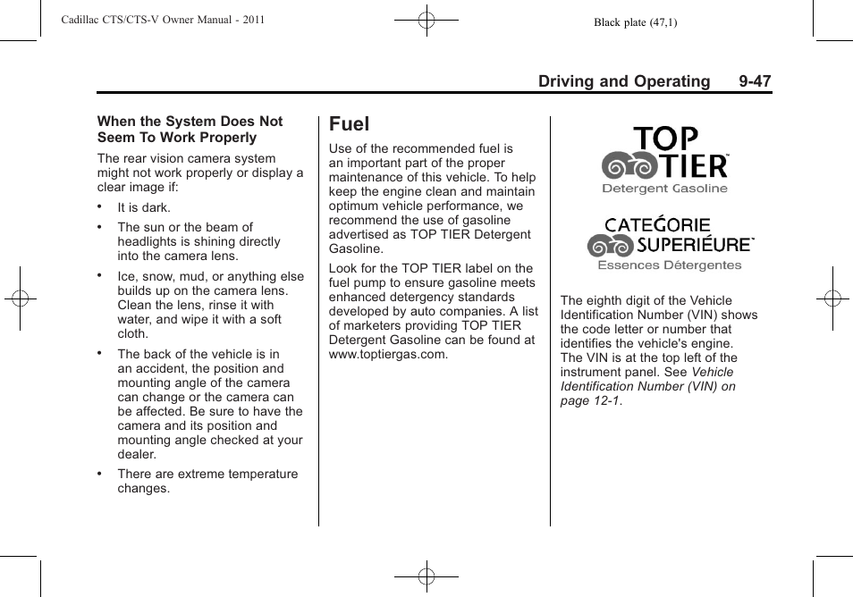 Fuel, Fuel -47, Driving and operating 9-47 | Cadillac 2011 CTS-V Sports Sedan User Manual | Page 309 / 492