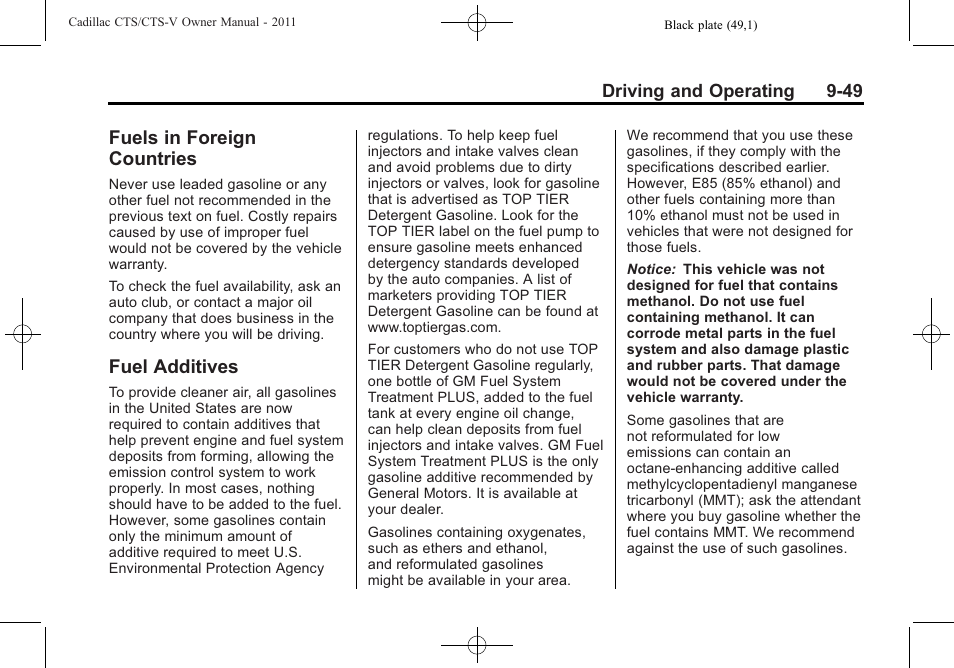 Fuels in foreign countries, Fuel additives, Fuels in foreign countries -49 fuel additives -49 | Cadillac 2011 CTS-V Sports Sedan User Manual | Page 311 / 492