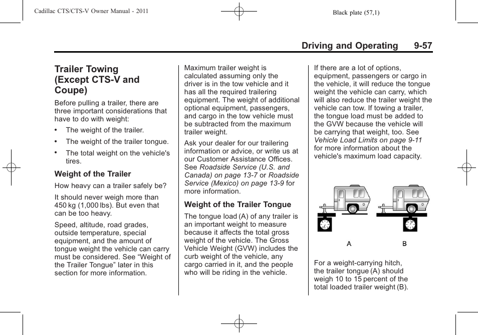 Trailer towing (except cts-v), Trailer towing, Except cts-v and | Trailer towing (except cts-v and coupe), Driving and operating 9-57 | Cadillac 2011 CTS-V Sports Sedan User Manual | Page 319 / 492