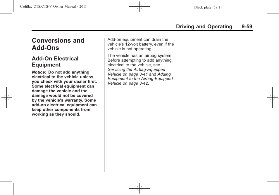 Conversions and add-ons, Add-on electrical equipment, Conversions and add-ons -59 | Add-on electrical, Equipment -59 | Cadillac 2011 CTS-V Sports Sedan User Manual | Page 321 / 492