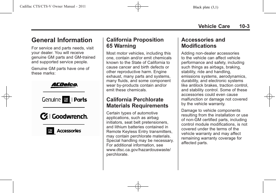 General information, California proposition 65 warning, California perchlorate materials requirements | Accessories and modifications, General information -3, General, General information -3 california proposition, 65 warning -3, California perchlorate, Materials requirements -3 | Cadillac 2011 CTS-V Sports Sedan User Manual | Page 325 / 492