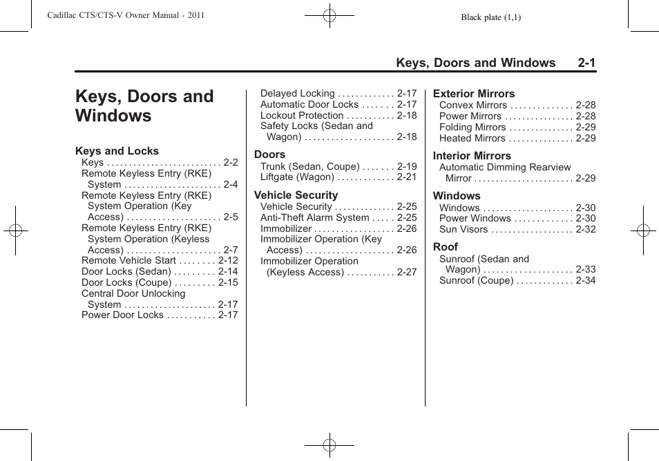 Keys, doors and windows, Keys, doors and windows -1 | Cadillac 2011 CTS-V Sports Sedan User Manual | Page 35 / 492