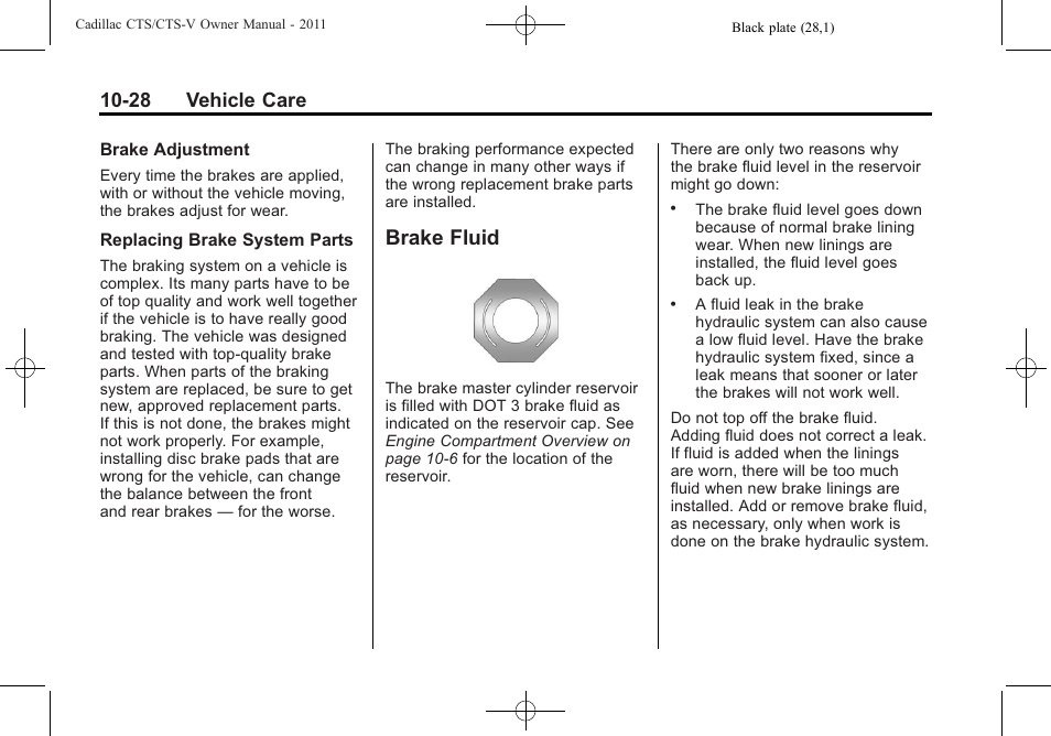 Brake fluid, Brake fluid -28, 28 vehicle care | Cadillac 2011 CTS-V Sports Sedan User Manual | Page 350 / 492