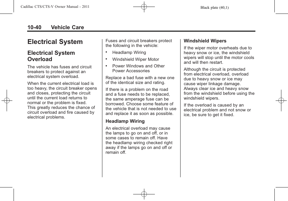 Electrical system, Electrical system overload, Electrical system -40 | Maintenance records, Overload -40, 40 vehicle care | Cadillac 2011 CTS-V Sports Sedan User Manual | Page 362 / 492