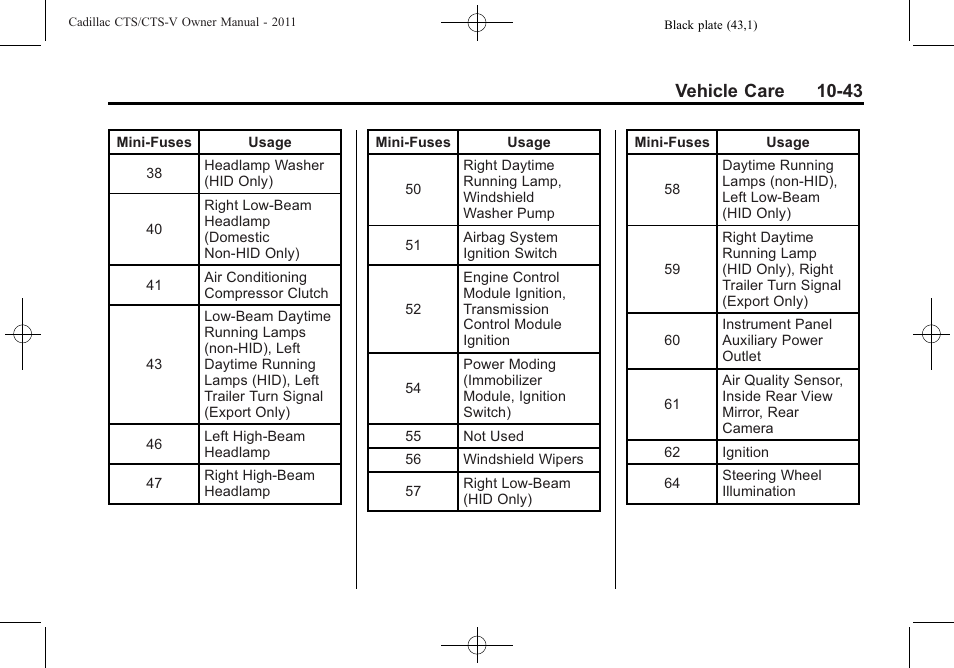 Vehicle care 10-43 | Cadillac 2011 CTS-V Sports Sedan User Manual | Page 365 / 492