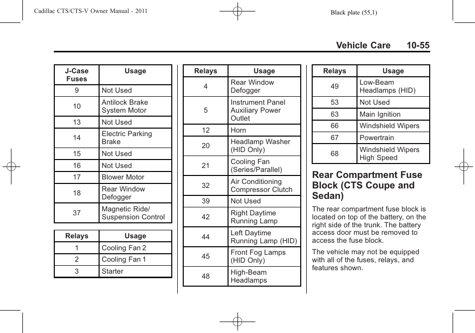 Rear compartment fuse block (cts coupe and sedan), Rear compartment fuse, Block (cts coupe and sedan) -55 | Vehicle care 10-55 | Cadillac 2011 CTS-V Sports Sedan User Manual | Page 377 / 492