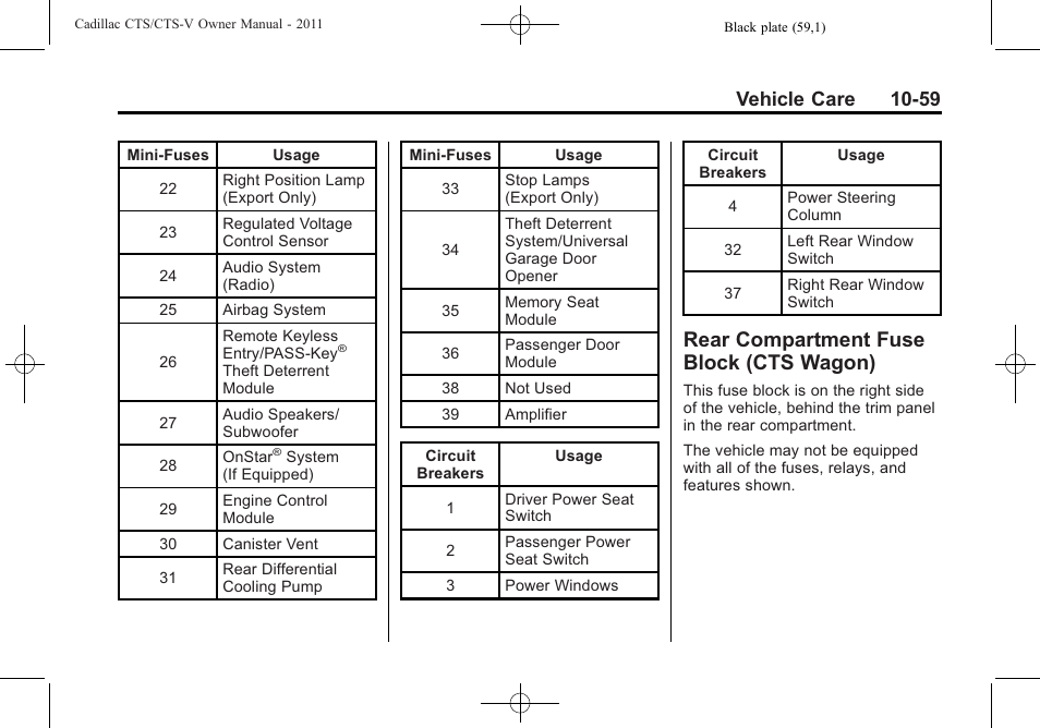 Rear compartment fuse block (cts wagon), Rear compartment fuse, Block (cts wagon) -59 | Vehicle care 10-59 | Cadillac 2011 CTS-V Sports Sedan User Manual | Page 381 / 492