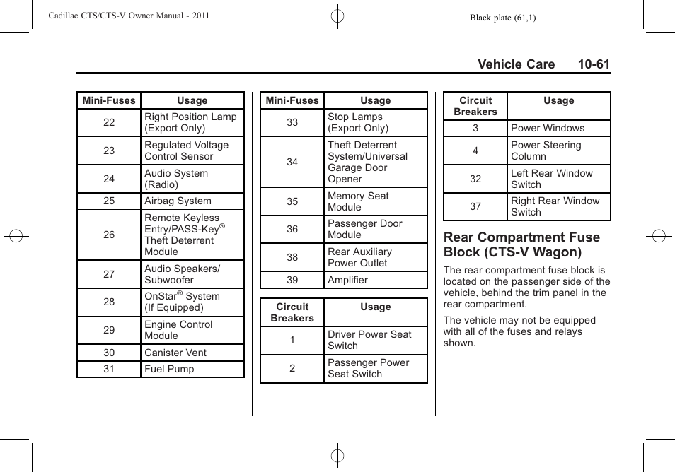 Rear compartment fuse block (cts-v wagon), Rear compartment fuse, Block (cts-v wagon) -61 | Vehicle care 10-61 | Cadillac 2011 CTS-V Sports Sedan User Manual | Page 383 / 492