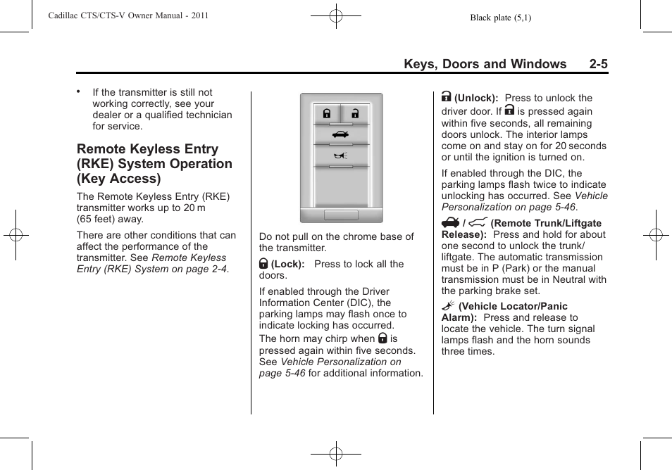 Remote keyless entry (rke), System operation (key access) -5, Anti-theft | Cadillac 2011 CTS-V Sports Sedan User Manual | Page 39 / 492