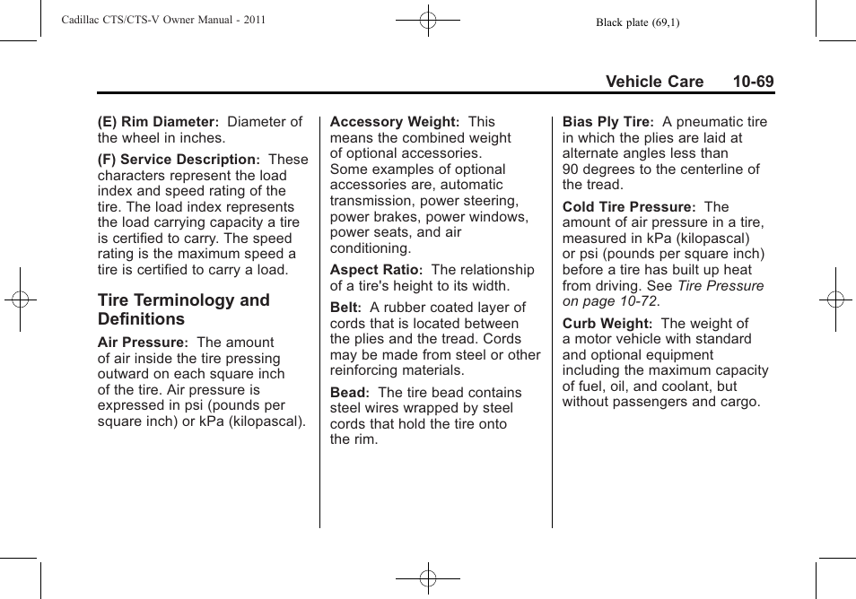 Tire terminology and definitions, Tire terminology and, Definitions -69 | Cadillac 2011 CTS-V Sports Sedan User Manual | Page 391 / 492