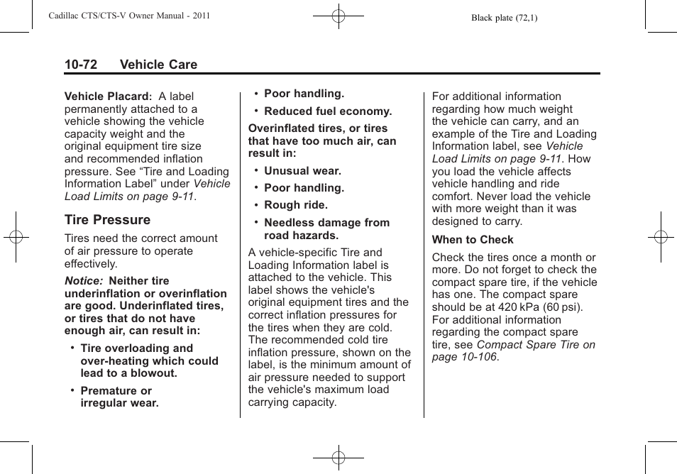 Tire pressure, Tire pressure -72, 72 vehicle care | Cadillac 2011 CTS-V Sports Sedan User Manual | Page 394 / 492