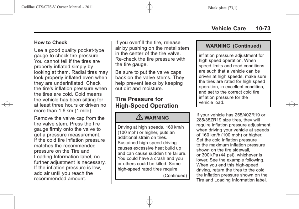 Tire pressure for high-speed operation, Tire pressure for high-speed, Operation -73 | Cadillac 2011 CTS-V Sports Sedan User Manual | Page 395 / 492