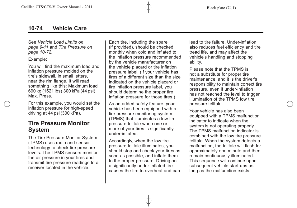 Tire pressure monitor system, Tire pressure monitor, System -74 | Cadillac 2011 CTS-V Sports Sedan User Manual | Page 396 / 492