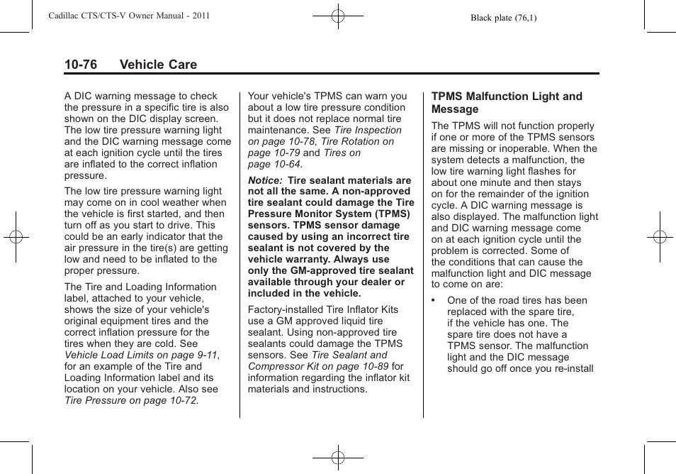 76 vehicle care | Cadillac 2011 CTS-V Sports Sedan User Manual | Page 398 / 492