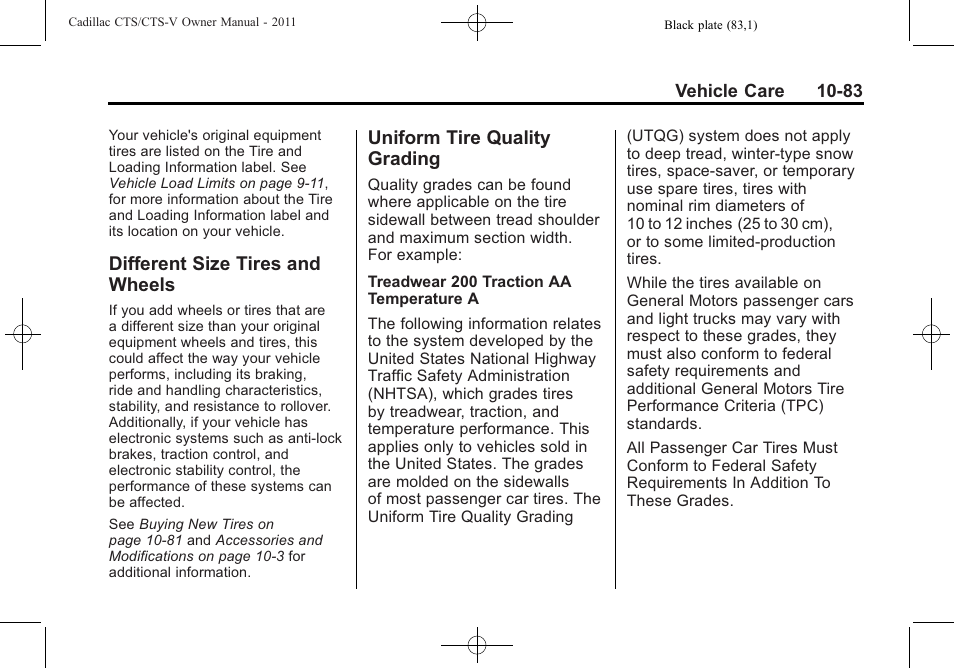 Different size tires and wheels, Uniform tire quality grading, Different size tires and | Wheels -83, Uniform tire quality, Grading -83, Recreational | Cadillac 2011 CTS-V Sports Sedan User Manual | Page 405 / 492